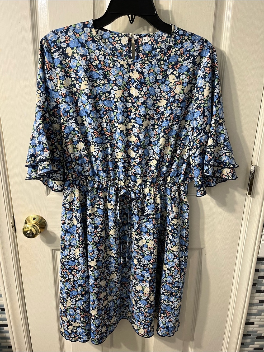 Blue Floral Short Sleeve Drawstring Waist Dress